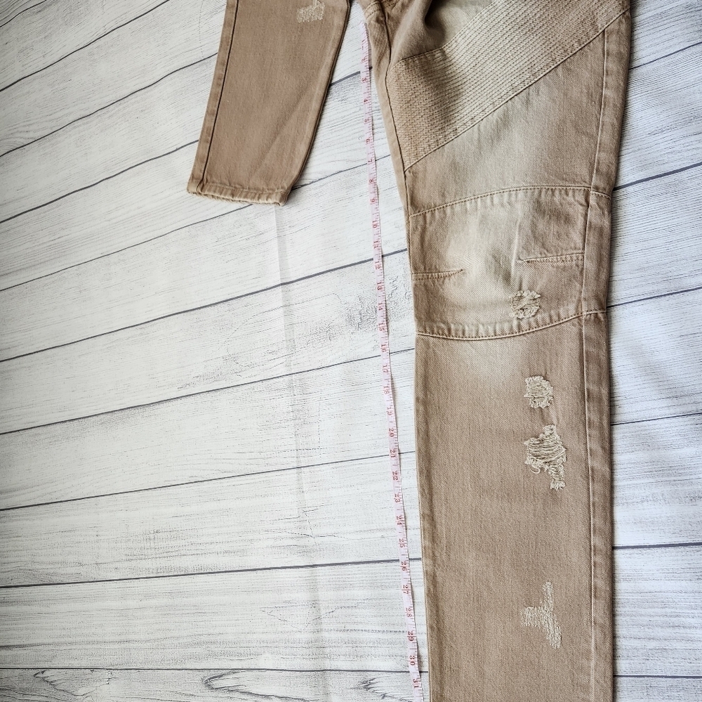 Men's Biker Slim Distressed Jeans (Tan/Taupe Wash) - Picture 12 of 16